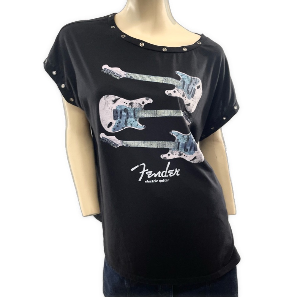 Fender- Women's Grommet Black Tee with Guitar Design- 0